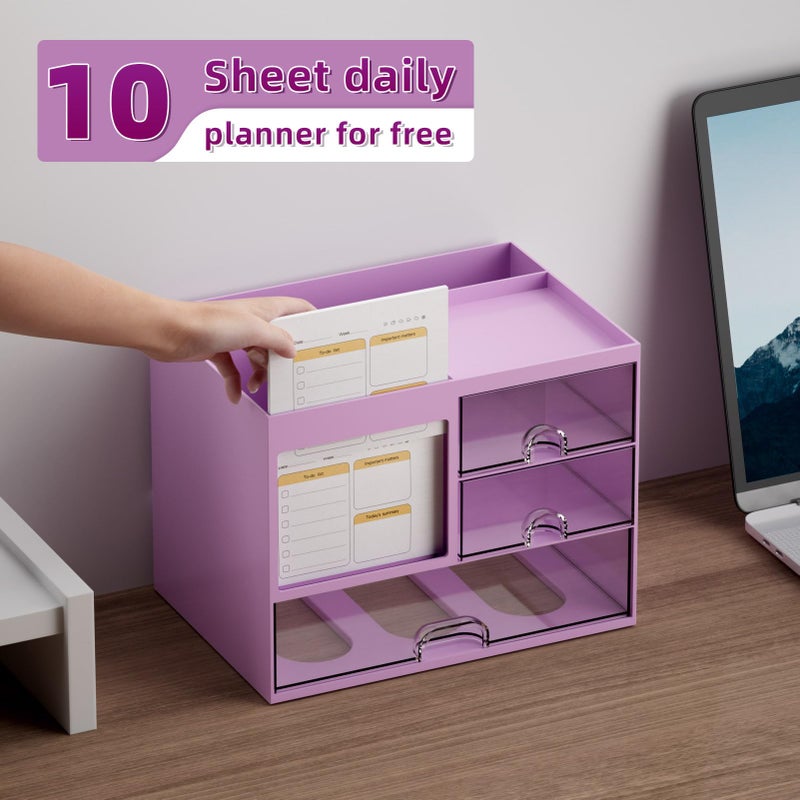 Marbrasse Desk Organizer with 3 Drawer, Multi-Functional Pencil Pen Holder, Desk Organizers and Accessories with 4 Compartments,Desktop Organizer Storage for Office Home Art Supplies (Purple) - Image 5